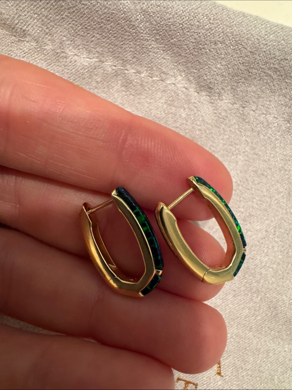 Kendra Scott Gold Hoop Earrings with Iridescent Teal Inlay - Picture 3 of 4